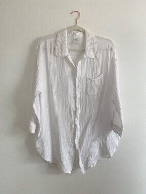 Kona Sol White Gauze Button-Up Shirt Size S Lightweight Cotton Long Sleeve